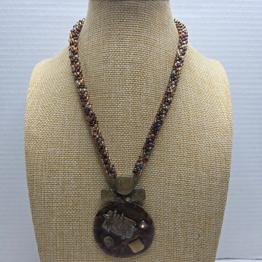 Gorgeous Artisan Beaded Resin & Metal Pendant Statement Necklace Jewelry